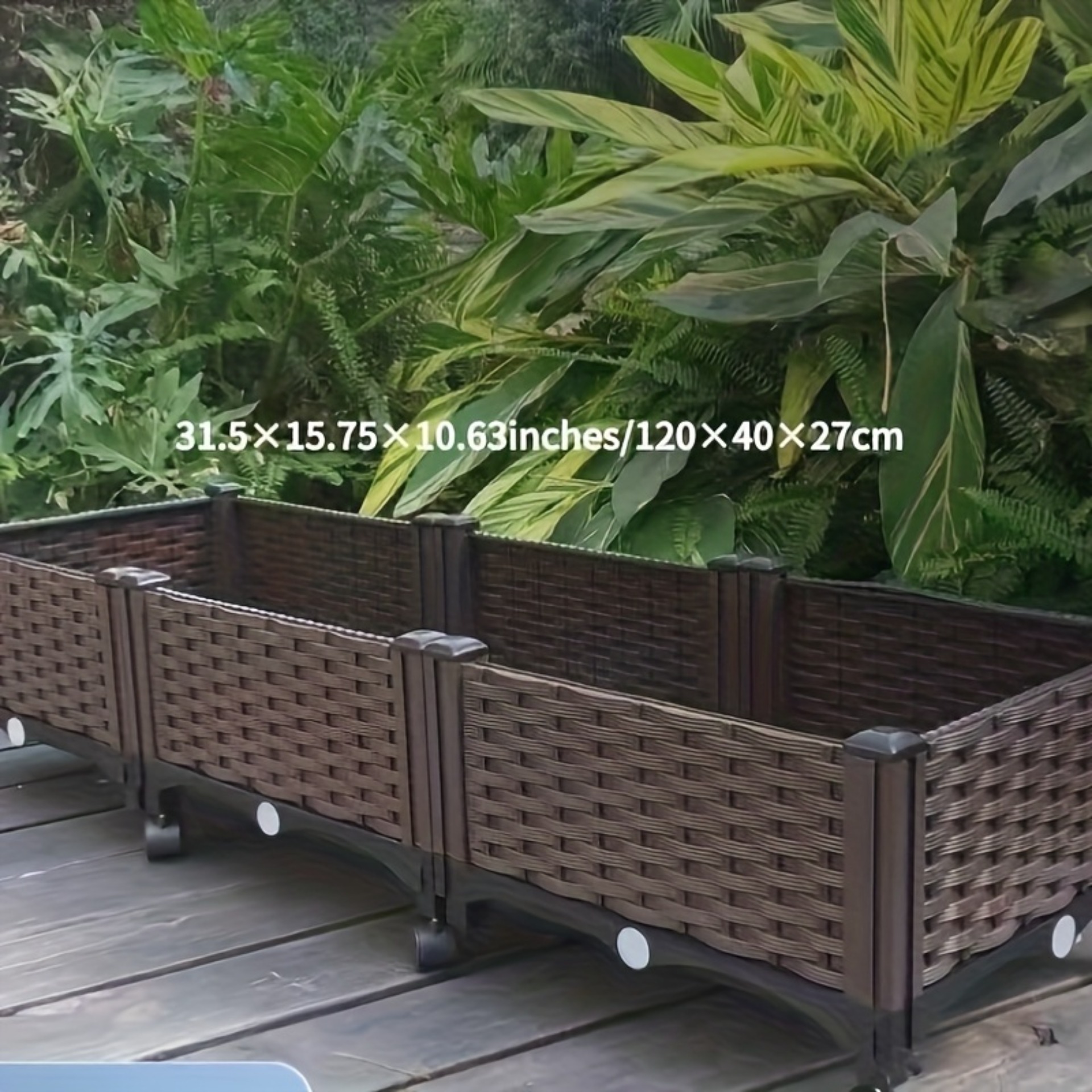 self watering elevated garden planter box with wheels 80cm x 40cm x 27cm durable plastic for indoor outdoor vegetables and flowers   with woven pattern easy to assemble indoor gardening   sturdy wheel support