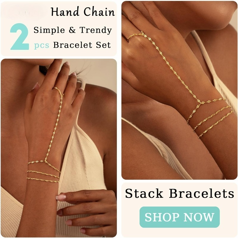 2pcs Golden Hand Chain Bracelets Set for Women, Adjustable