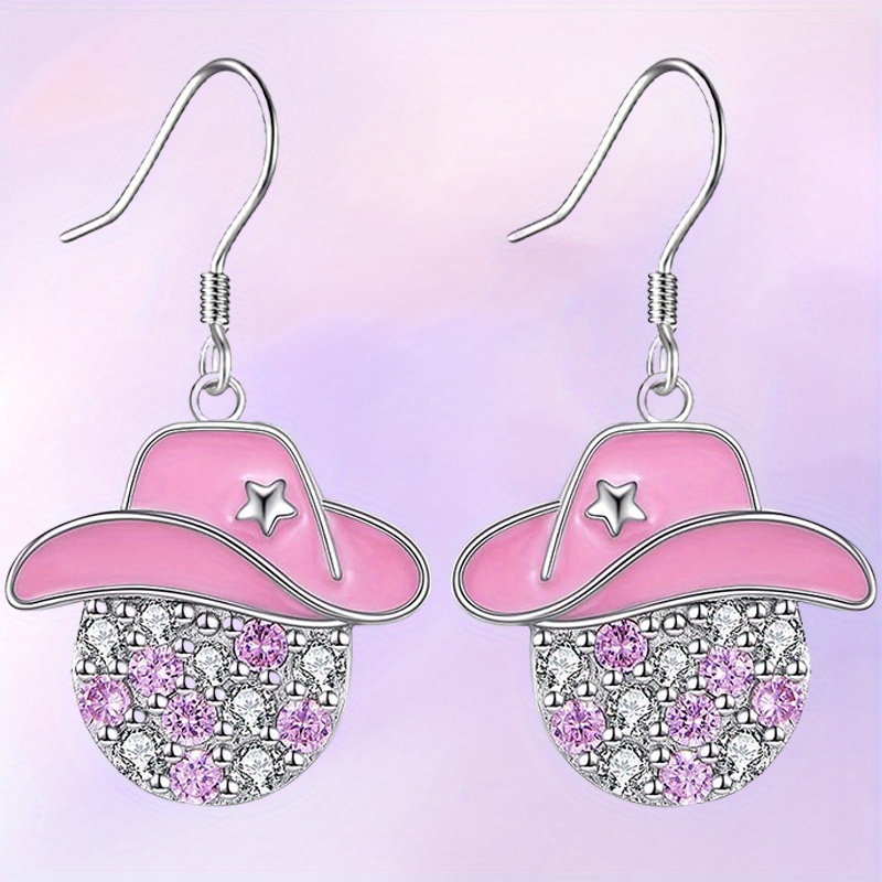 TEMU 2pcs Pieces Sparkling Disco Ball Cowboy Hat Dangle Earrings - Glittering Suitable For Christmas, New Year, Valentine' Gifts