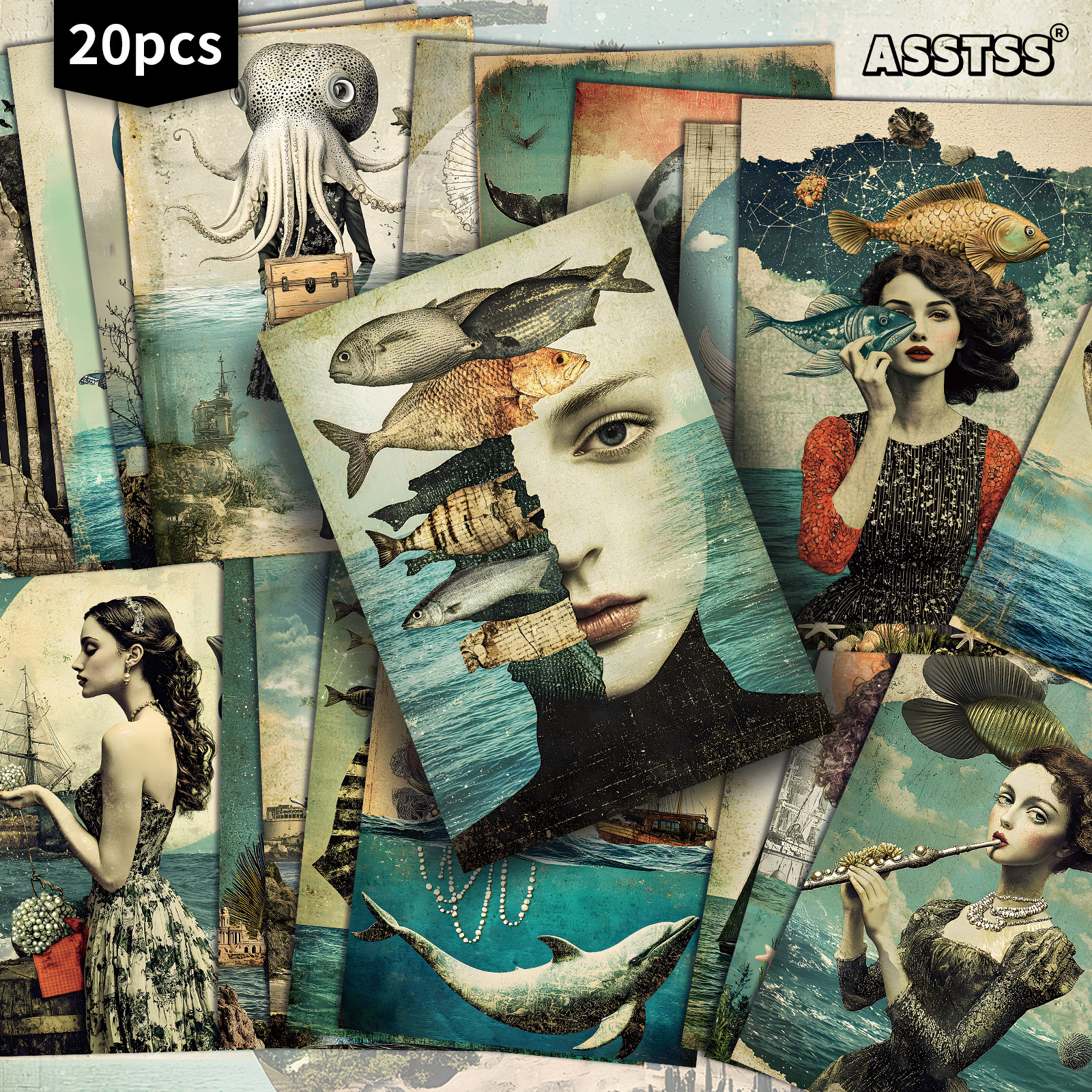 E-shop 20er-Pack ASSTSS surreal-verspielte Ozean-Collage Frauen, Fische Geschenkkarten – 4x6 Zoll Junk-Journal-Papier, klassische -Illustrationen,