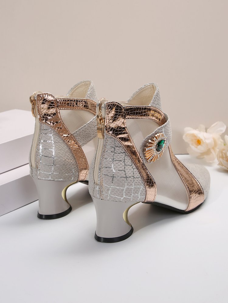 2025 Light Luxury Fashion Pointed Toe Mid-Heel Women's Ankle Boots, New Outdoor Mesh Rhinestone Metal Decor Color-Block Back Zipper Plus Size Fashion Boots, 11 Holiday Versatile Women's Shoes, Holiday Boots, Outdoor Footwear, Retro Style, Versatile