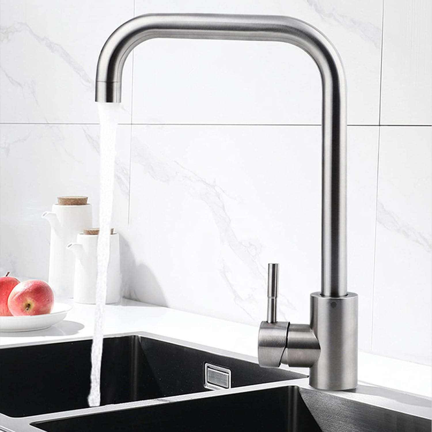 E-shop Silberner Edelstahl Wasserhahn mit 360° Drehung, verstellbar für heißes/kaltes Wasser Keramik-Ventilkern