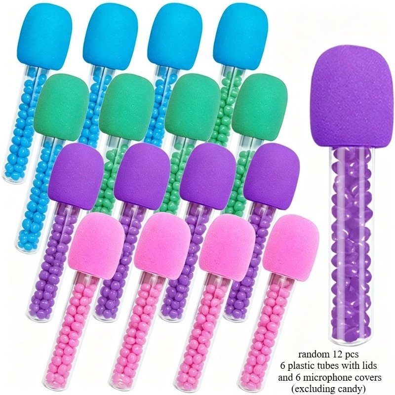 TEMU 12pcs Random Color Multi-item Party Favor Packs Microphone Party Gift Set, Including 6pcs Plastic Tubes With Lids And 6pcs Microphone Covers,