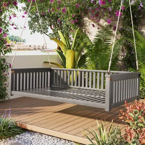 patio minimalist twin size garden swing bed wood porch swing with ropes for backyard safe sloped design gray