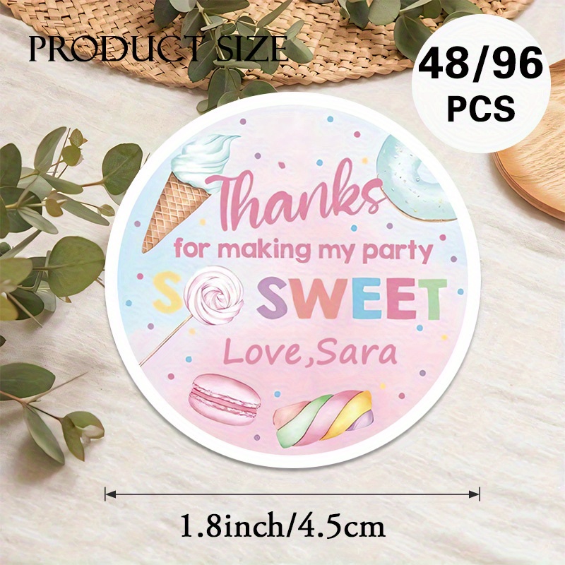 TEMU Custom 48/96pcs Party Thank - You Circular Stickers, Personalizable With Names & Messages. Colorful Sweet - Themed Illustrations. Dessert Table
