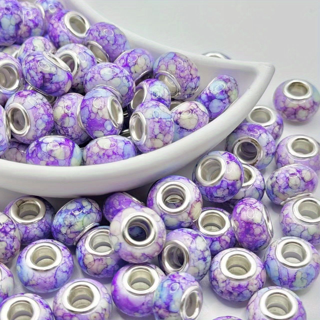 TEMU 50pcs Purple Watercolor Resin Round Beads - Large Holes, European Style, Durable Acrylic Craft Beads For Bracelets, Necklaces, Making, Rope