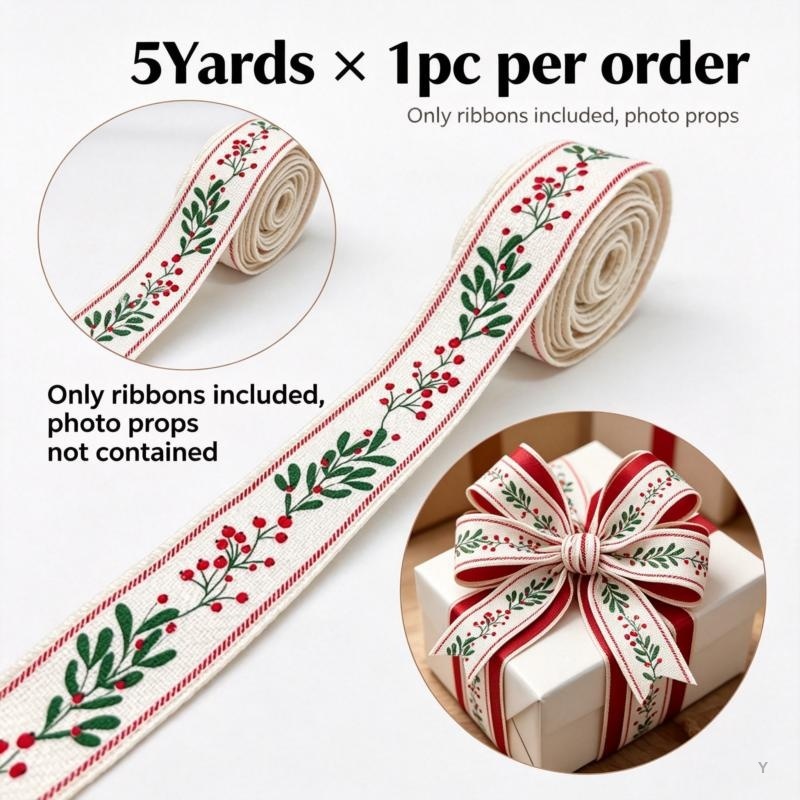 TEMU Ruban à bord métallique en V, 5 , 3,8 cm (1,5 pouce), blanc cassé rouge avec de houx, pour décoration de Noël, fabrication de nœuds, bricolage,