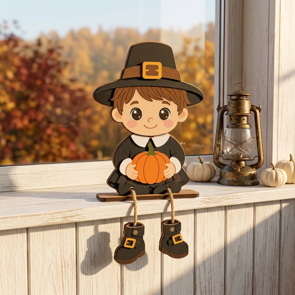 TEMU 1pc Wooden Hanging Boy Statue With Pumpkin - Wooden Harvest Tabletop Ornament And Dangling Leg Decor, Suitable For Thanksgiving, Christmas, ,