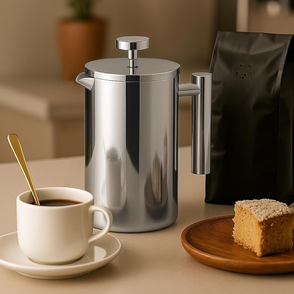 TEMU 650ml/ 4cup Stainless Steel French Press, Double Walled Insulated French Press With Silvery Color, Stainless Steel Plunger Coffee Maker 3 Level
