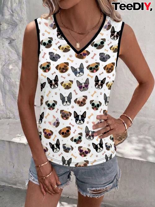 womens pug print v neck sleeveless tank body pug blouse suitable for casual summer beachwear v neck shirt for daily wear machine washable pug themed outfits no styles