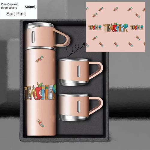teacher pattern 16 9oz 304 stainless steel vacuum insulated bottle set 1 set 3pcs portable thermal water bottle with 2 matching drinking cups for office outdoor use