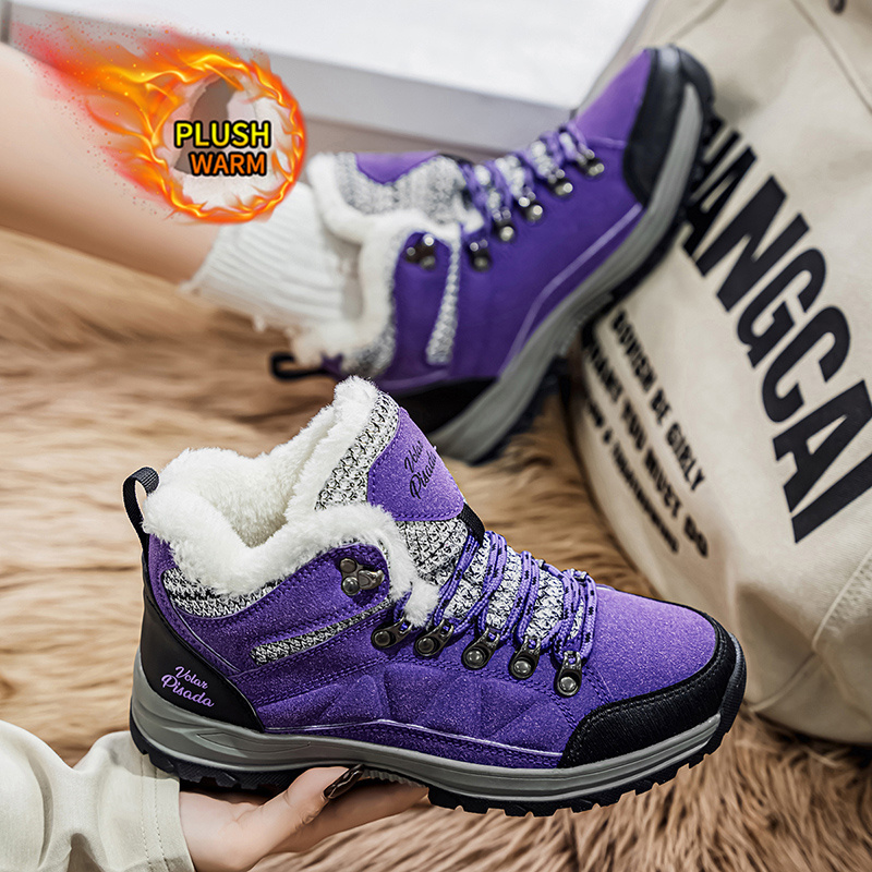 Image of Women's Plush Lined Winter Hiking Ankle Boots, Thick Heat-retaining Liner, Adjustable Lace- Top, Grip Wear-resistant Ankle Support For Snow Hiking, Commuting, Camping, Versatile Ladies Footwear