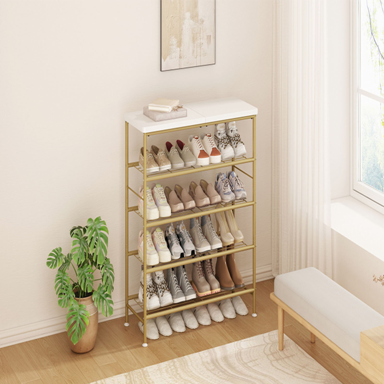   5 tier shoe rack organizer metal free standing storage space saving floor mount design with 16mm metal pipes for closet entryway bedroom versatile room   details 4