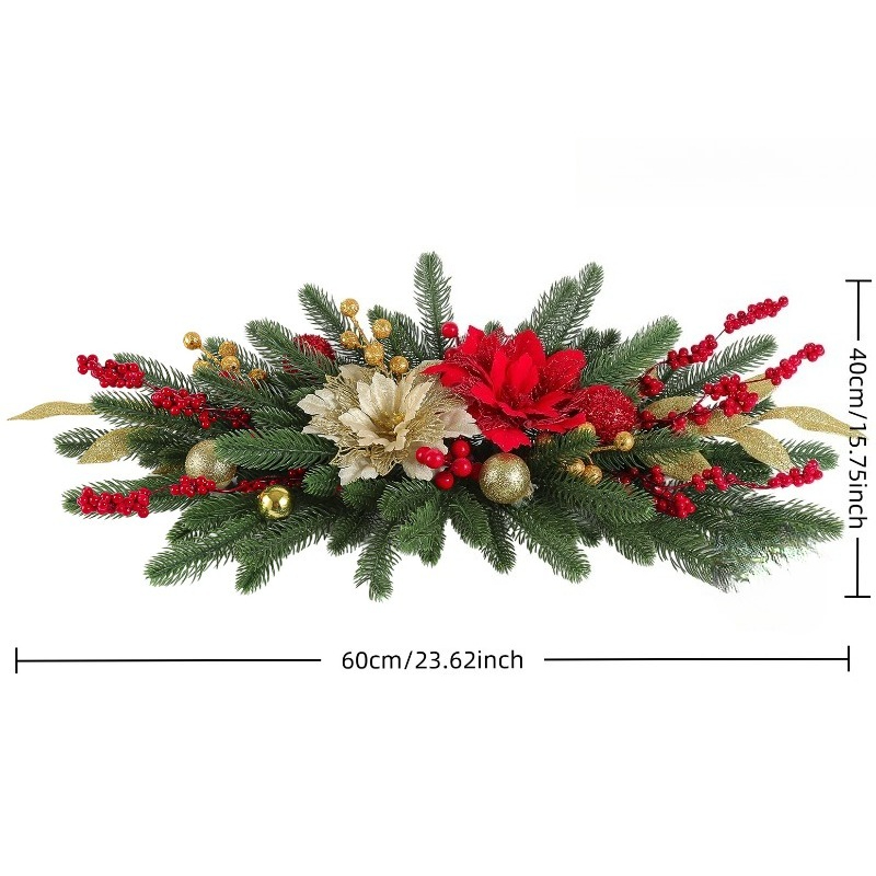 TEMU Christmas Table Centerpiece Candle Holder, Artificial Frosted Pine Floral Arrangement With Poinsettias, Red Berries And Golden Ornaments, Mantel