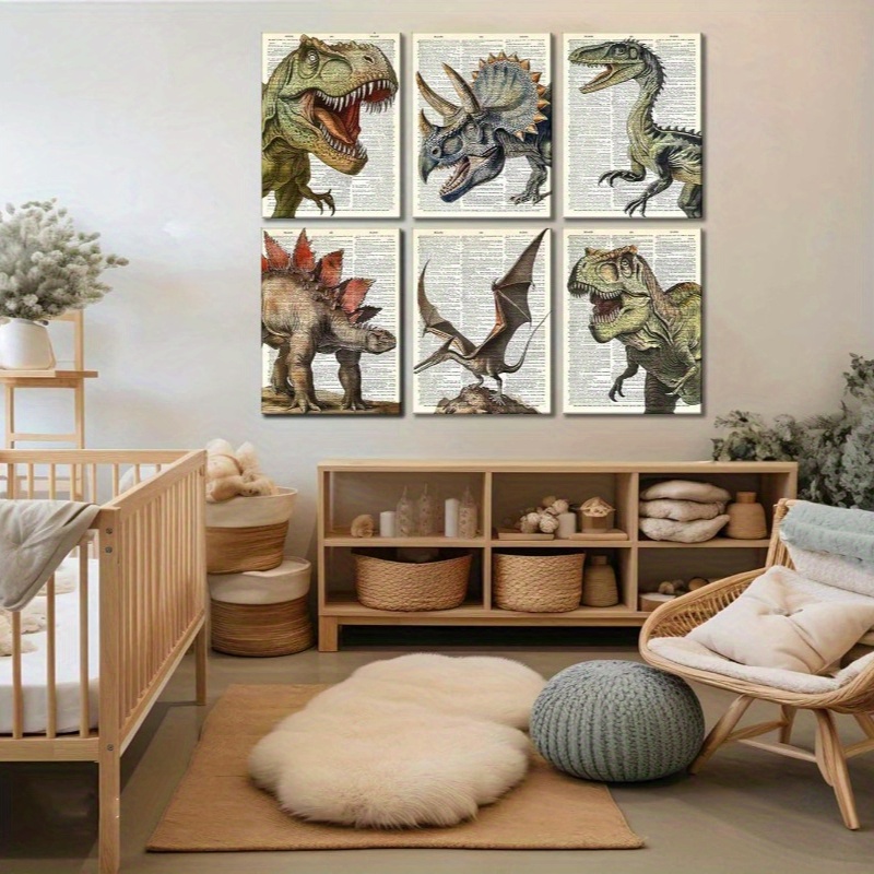 TEMU 2D Flach, 2D/FLA 6-teiliges Dinosaurier-Leinwandbild-Set: Vintage , Triceratops und Pterosaurier Dekorationsposter für Schlafzimmer oder