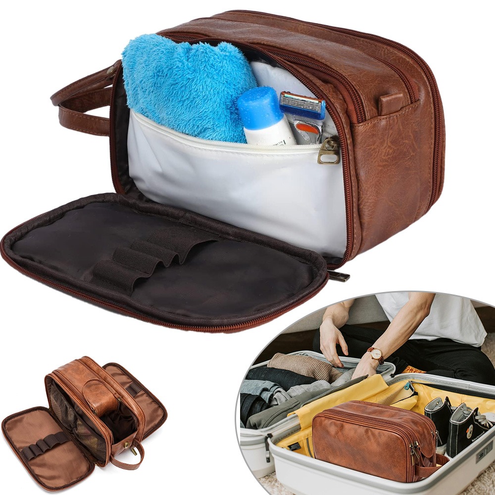 Men's Travel Toiletry Case, Spacious Vintage Pu- Organizer For Personal Care Items