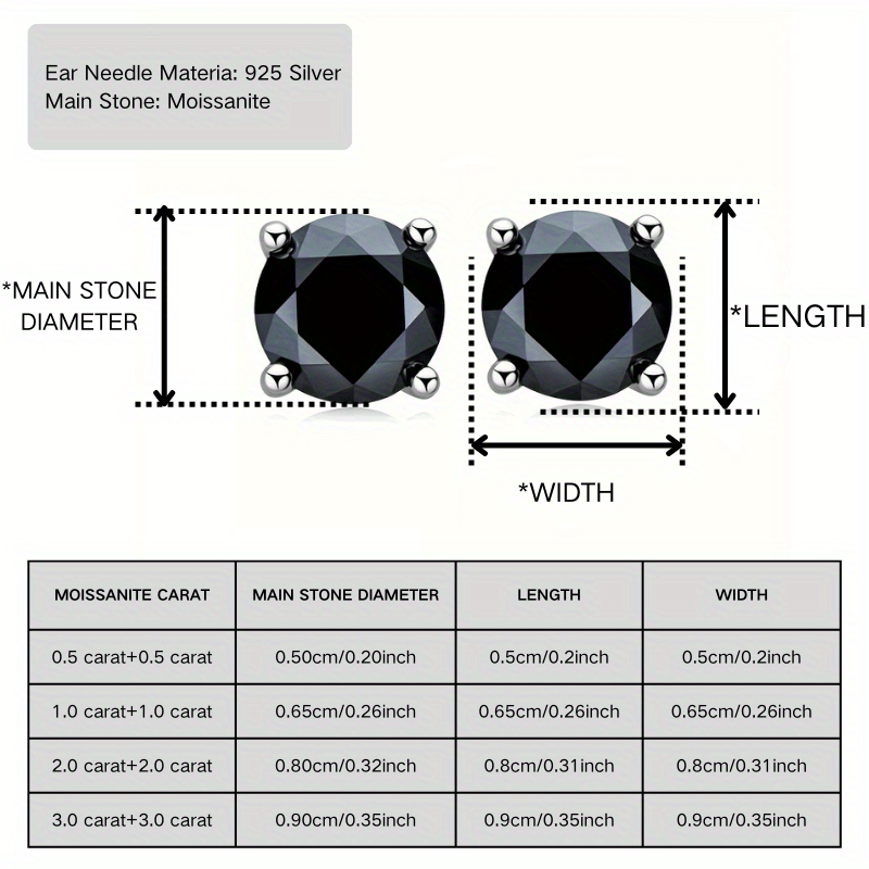 Women's Stylish Black Moissanite Stud Earrings in 925 Silver