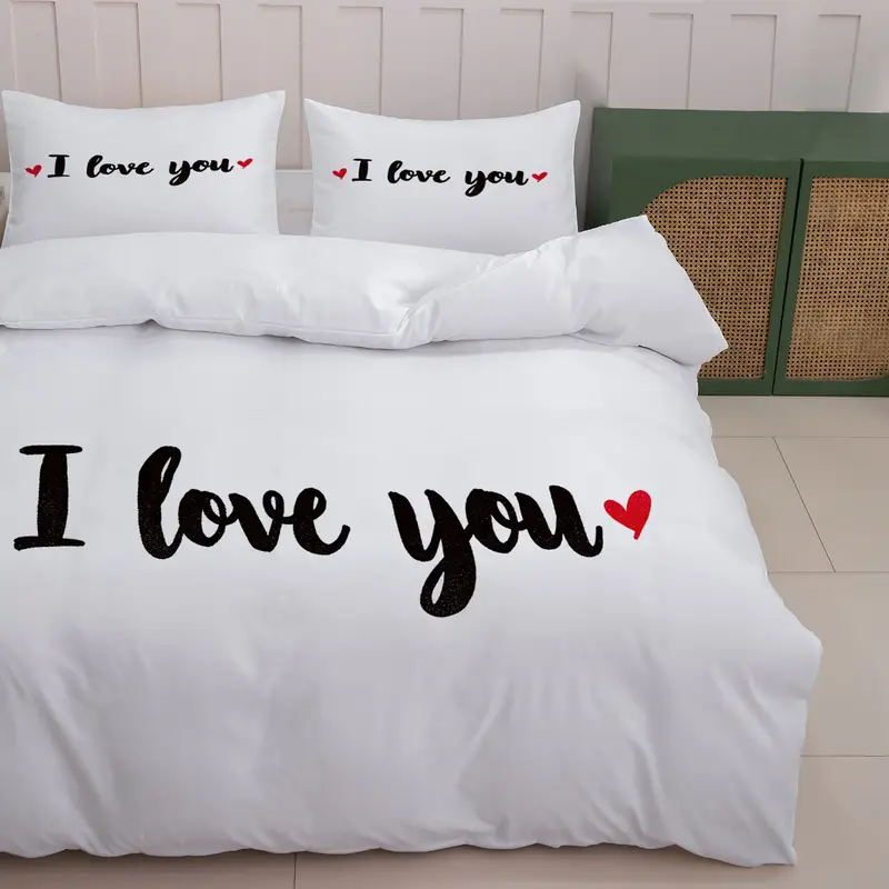 3pcs romantic white bed linen set featuring i love 1 duvet cover 2 pillowcases excluding insert ideal for couples and valentines day Product details 1