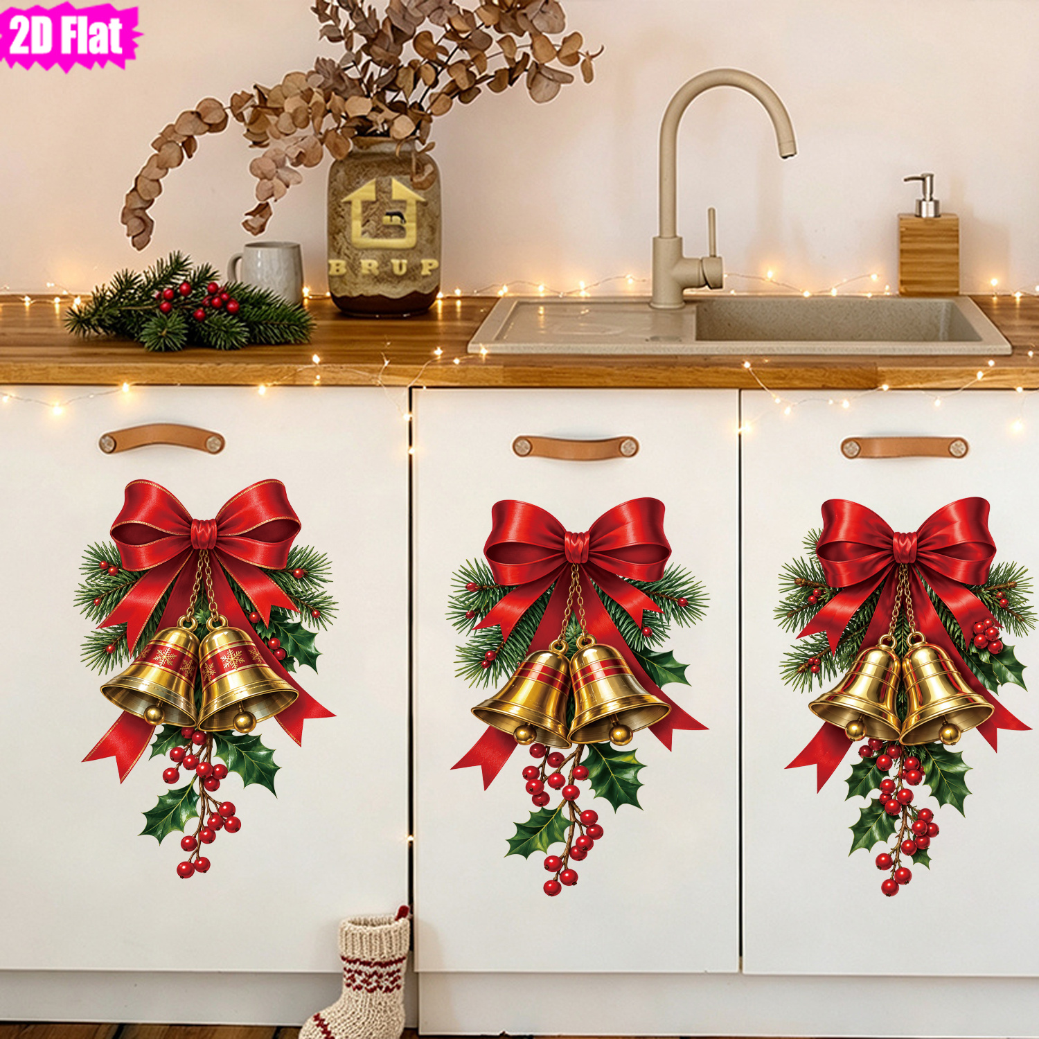 TEMU 3pcs 2d Flat Christmas , , Holly Leaves, Red Berries, Pine Branches, Christmas Ornament Decorations. Self-adhesive Removable Pvc, Suitable For