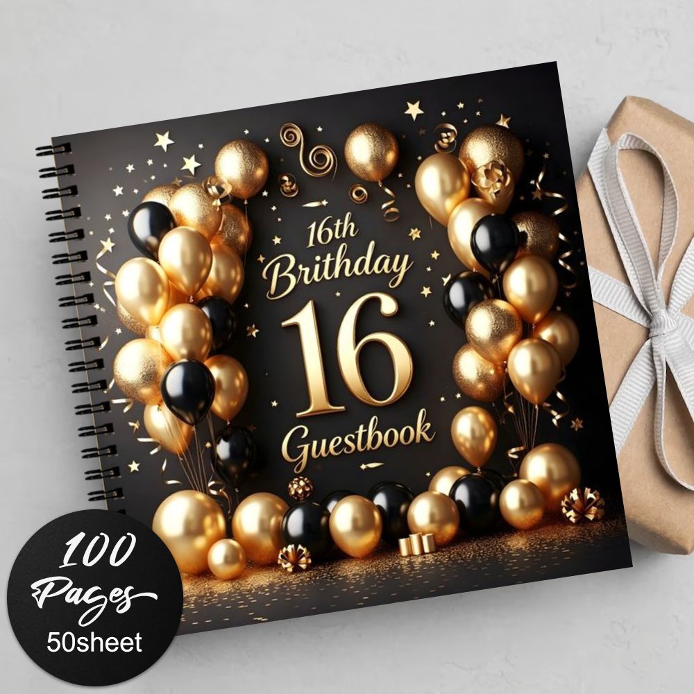 TEMU 1 stuks Gastenboek voor Verjaardagen Bruiloften Recepties met Gouden Zwarte Ballon 16e Verjaardag Thema Ontwerp