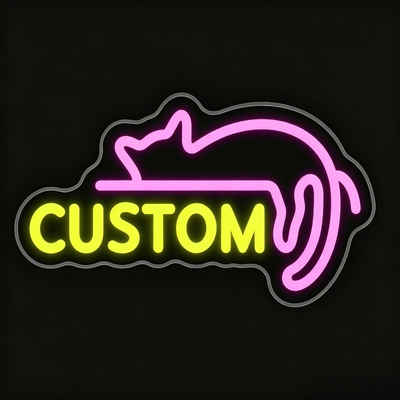 Custom Pink LED Neon Sign, Lazy Cat-Shaped, USB Powered