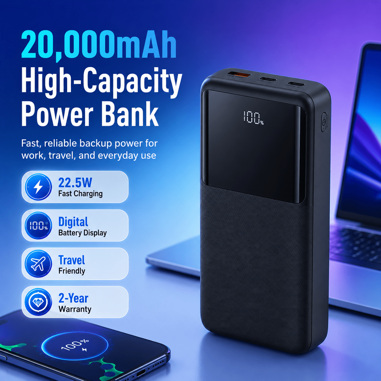 TEMU 20000mah Power Bank, 22.5w Fast Charging Portable Charger With Digital Display, High Capacity External Battery Pack For Phones And Tablets,