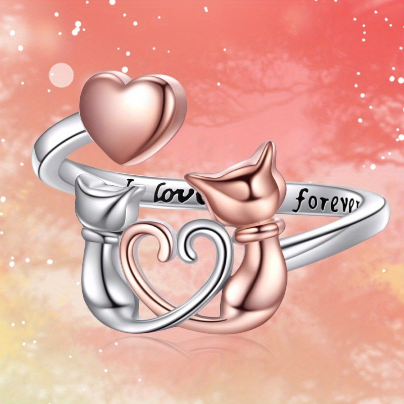 TEMU Bague Mignonne Gravée "Je t'aime " pour Couple, Chat et Cœur, pour Femme, pour Fête, Vacances, , Saint-Valentin, Bague Ouverte Réglable Simple
