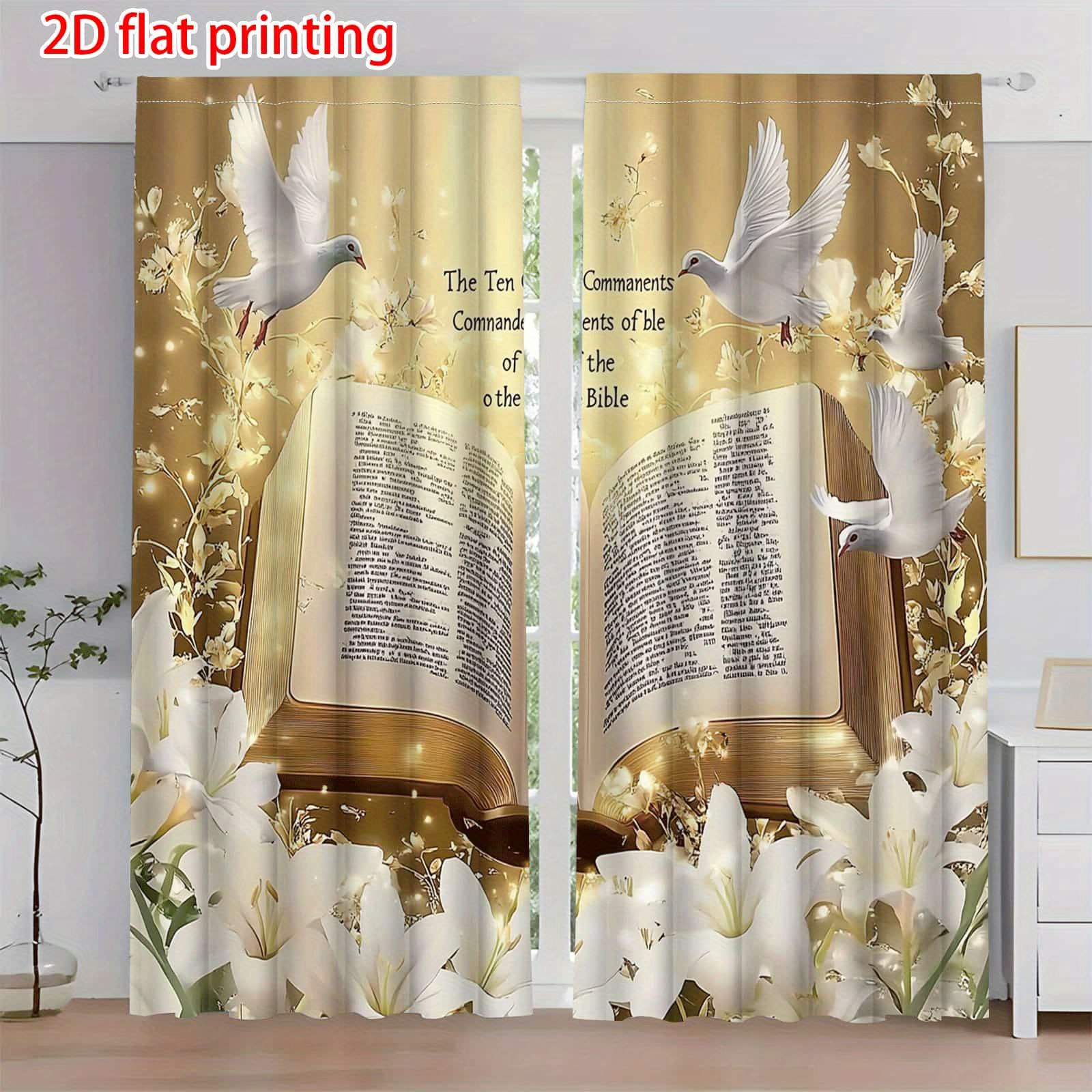 TEMU 2pcs Religious Window Curtains - Elegant Christian Church Home Decor With White Doves, Open Bible Book, Golden Lily Flowers - Semi- Filtering