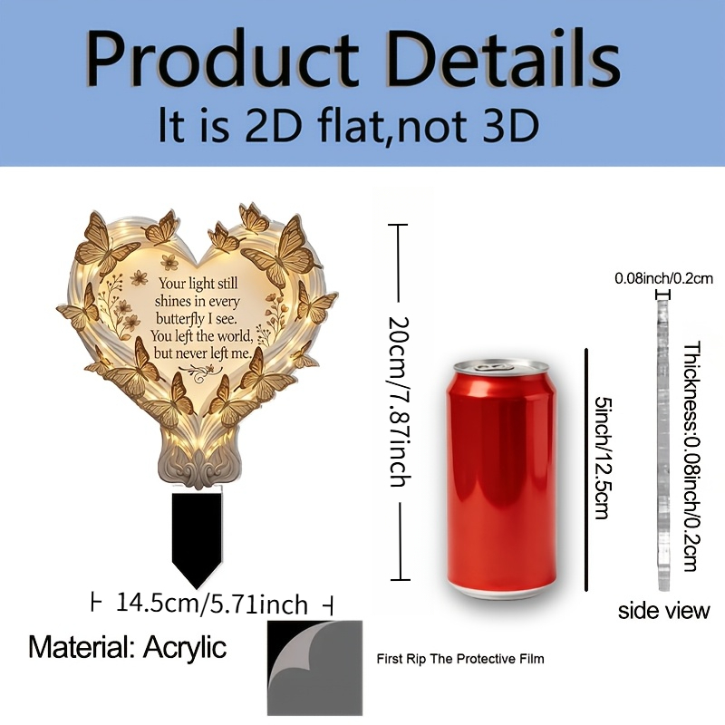 TEMU 2d Flat, [2d Flat] 2d , 1pc 2d Flat Acrylic Pattern Heart-shaped Garden Stake With Insert Rod Base For Easy Planting, Garden Decoration, Elegant