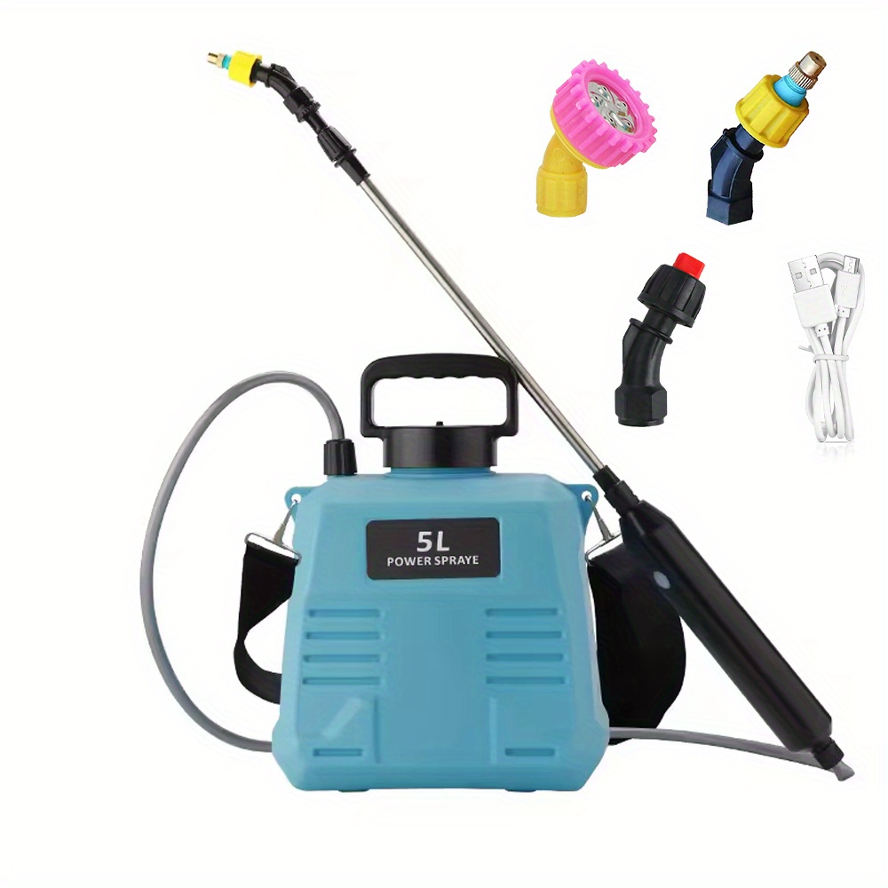 TEMU 5l Battery-powered Sprayer With 3 Nozzles, , Usb Rechargeable Lithium Battery, With Adjustable Shoulder Strap, Telescopic Wand For Yard, Lawn