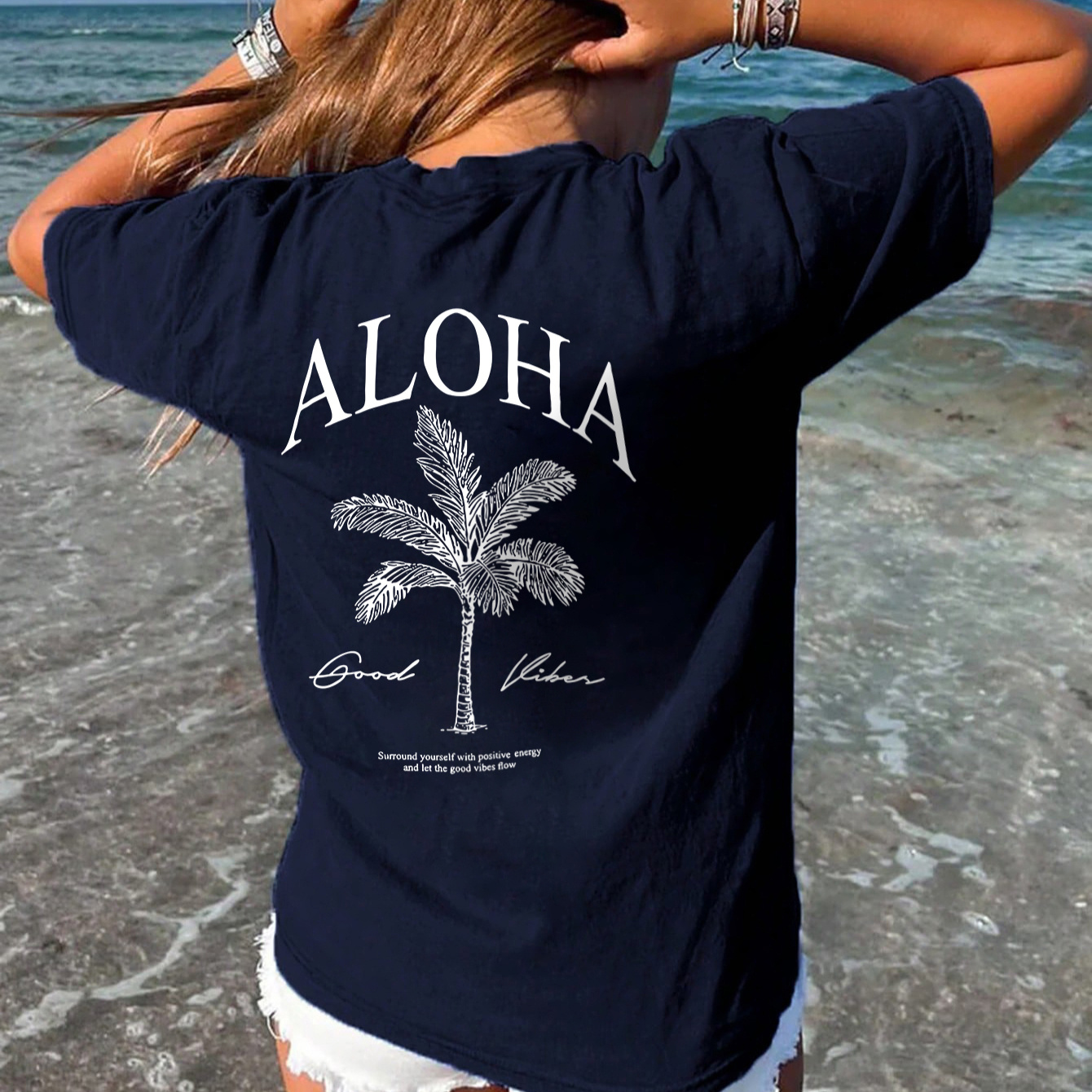 Women'S "Aloha" Graphic Tee - Casual, Short Sleeve, Loose Fit, Polyester, Round Neck, Tropical Coconut Tree Design, Summer Beachwear, Beach Casual Wear | Tropical Print Top | Comfortable Fit, Beach Clothes
