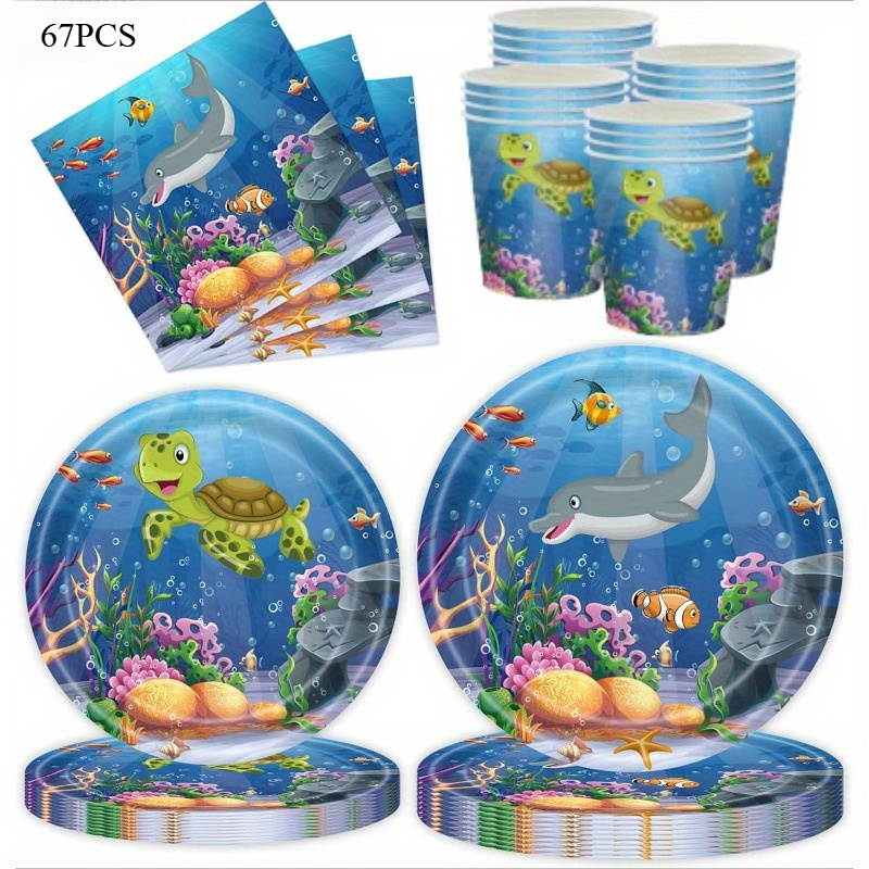 Image of 67pcs, Ocean Party Supplies Set, Ocean Party Plates, Paper Cups And Paper Towels, Suitable For World Birthday Party Decorations I Perfect For Halloween