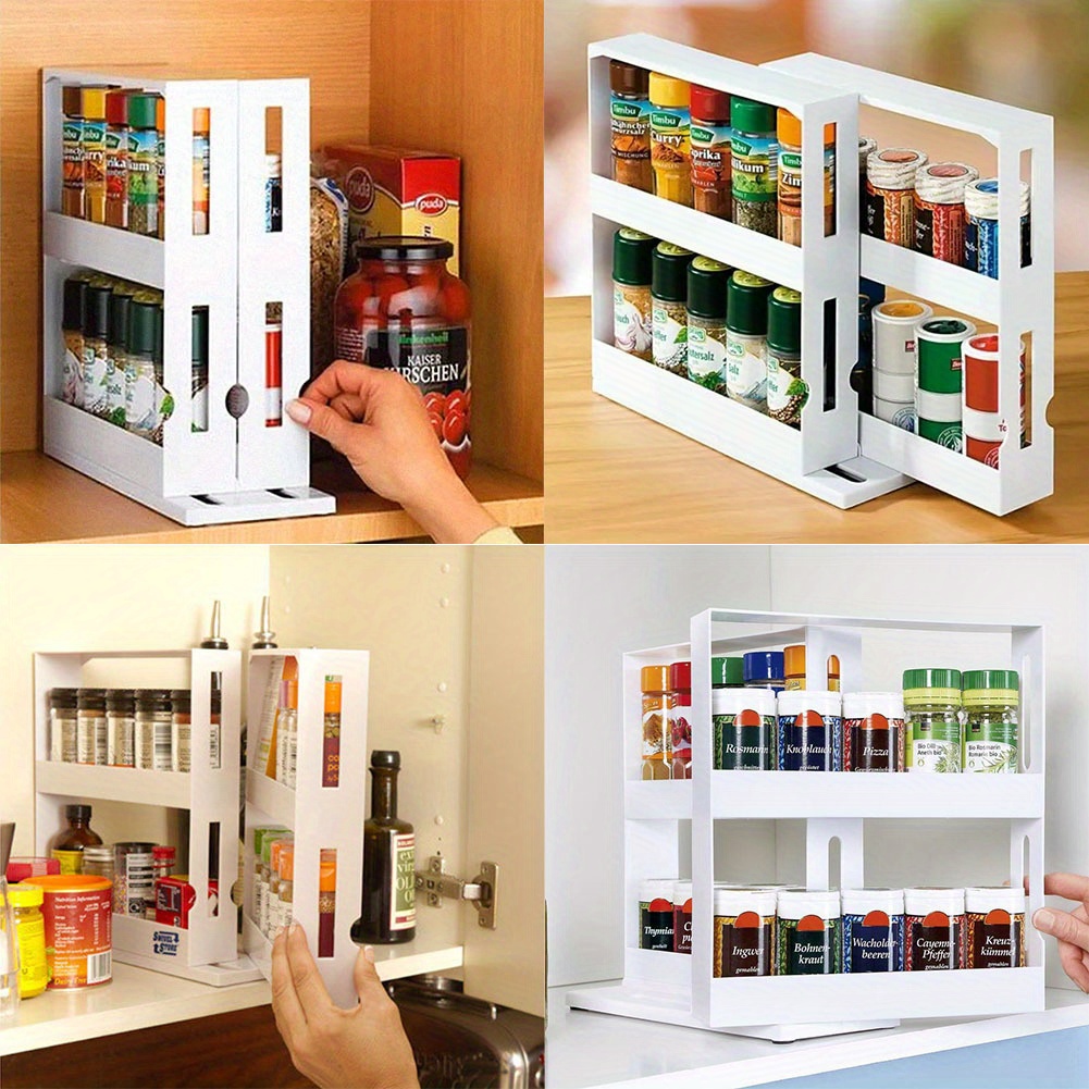 2-Tier Expandable Rotating Spice Rack Organizer with Pull-Out Shelves & 2 Drawers - No-Drill Adhesive Mount, Utensil & Cutting Board Holders, Space-Saving Kitchen Storage for Cabinets/Countertops, White Plastic (28x10.4x27.6cm), Spice Racks for Kitchen, Countertop Organization, Modern Cabinet Organizer, Nodrill Installation
