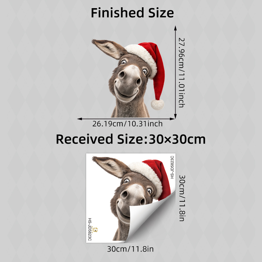 TEMU Fun Peeking Donkey Christmas Window Cling, Plush Red Santa Hat Realistic Cartoon Mule Print, Double-sided Removable Static Cling Window Decal,