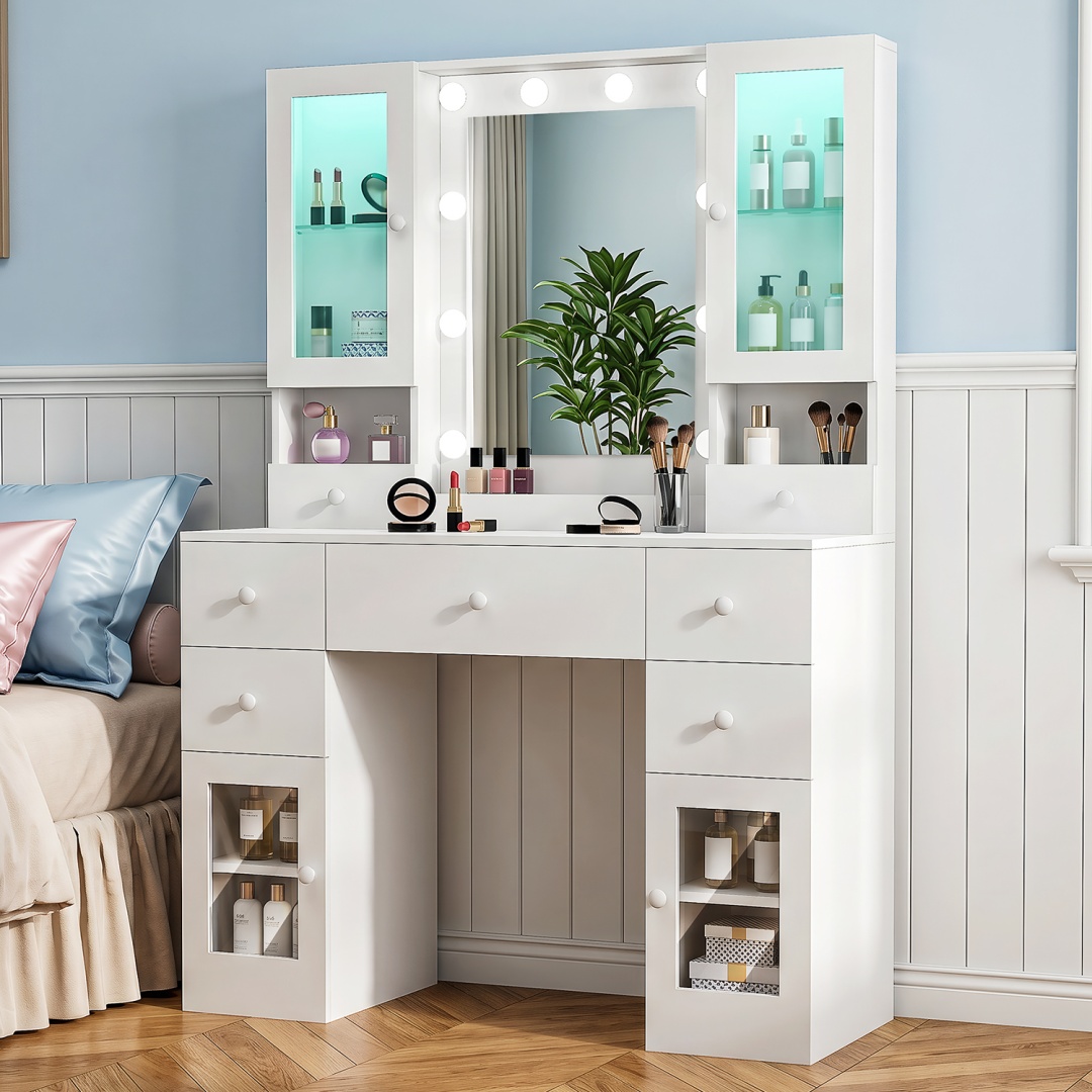 TEMU Dressing Table With Sliding Mirror ( Cannot Slide) And Led Lights, Vanity Desk With Glass Top & Power Outlet, Modern Vanity Table With 9 Drawers