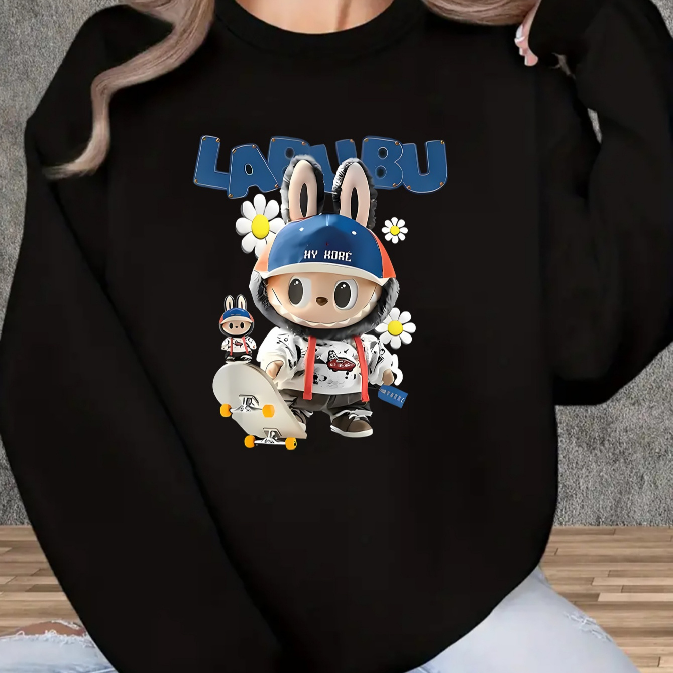 

Women's Casual Cartoon Rabbit Neck Pullover Sweatshirt 100% Polyester Knit Fabric With Slight Stretch, Alphabet Pattern, All Season - Adult Active Sweatshirt