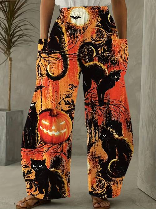 item picture womens halloween themed leggings featuring a full of a black cat bats and pumpkins complete with a pocket loose fit straight leg trousers are perfect for parties casual and themed celebrations