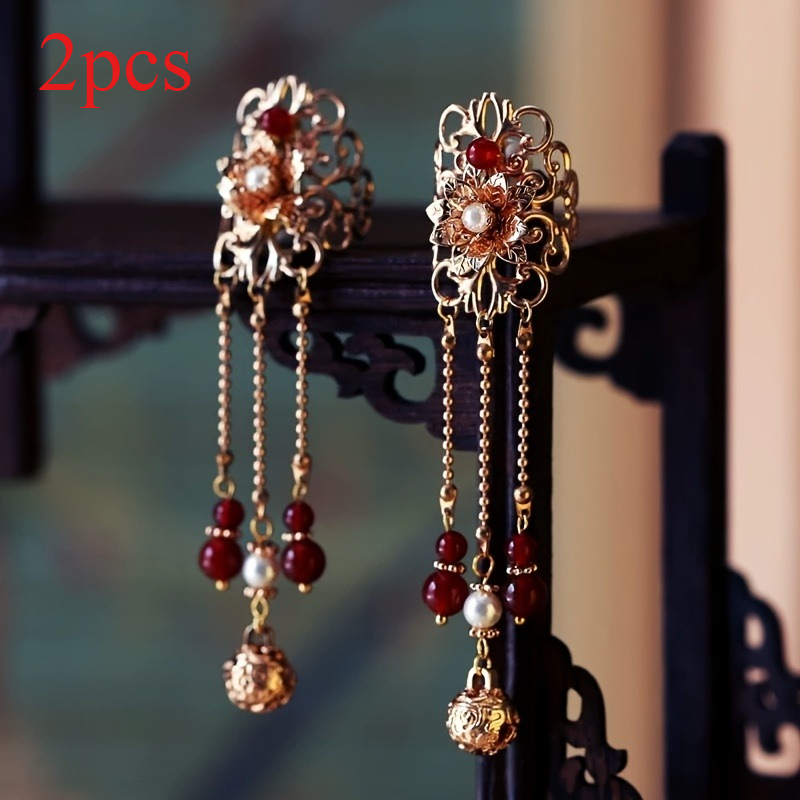 TEMU 2pcs Elegant Vintage-inspired Hair Clip With Beaded Tassel - Traditional Chinese Hanfu Accessory For Women, Alloy , Beads, Hand Wash Only, Perfect For Cheongsam Outfits And Ancient Costumes,
