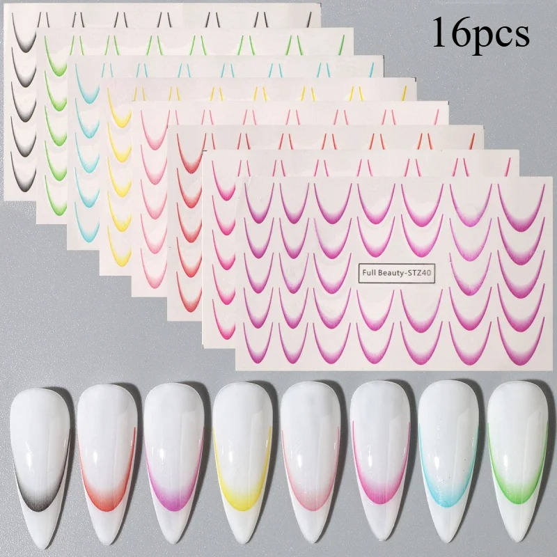 Image of 16pcs Set Of Gradient French Nail Art Stickers Featuring Ink Blooming Water Transfer Sliders, Perfect For Ombre Manicure Decorations And Foils