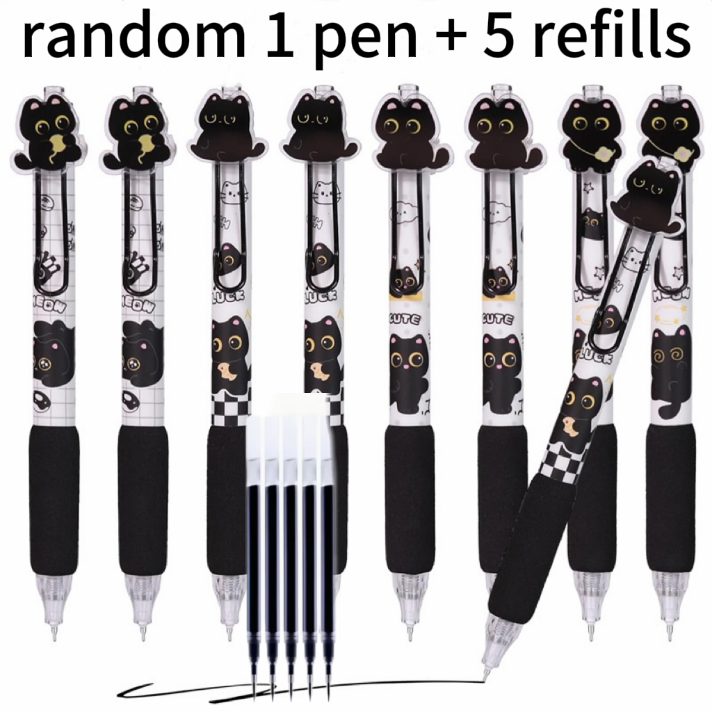 TEMU 6pcs Set Of Kawaii Kitten Pens, (random 1pc Pen And 5pcs Refills) 0.5mm Quick-drying Black Ink, With Cushion Grip And Retractable Design, Ideal