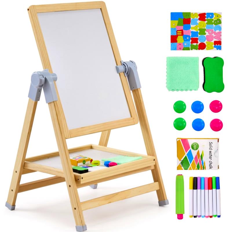 Double-Sided Solid Wood Art Easel with Magnetic Whiteboard & Chalkboard - Adjustable Height, Sturdy A-Frame Design with Storage Shelf - Modern Learning & Play Furniture for Creative Activities, Chalk & Marker Compatible, Space-Saving for Small Rooms, 's Drawing Station, Highquality Woodwork, Preschool Activity Center