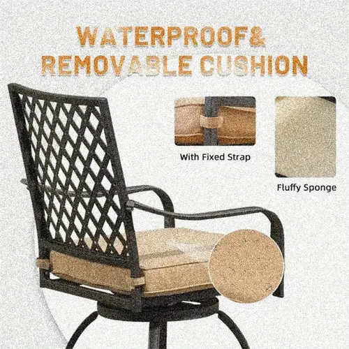 2pcs outdoor swivel bar stools with cushions all weather bistro set for garden balcony backyard deck high seating for relaxing and entertaining khaki