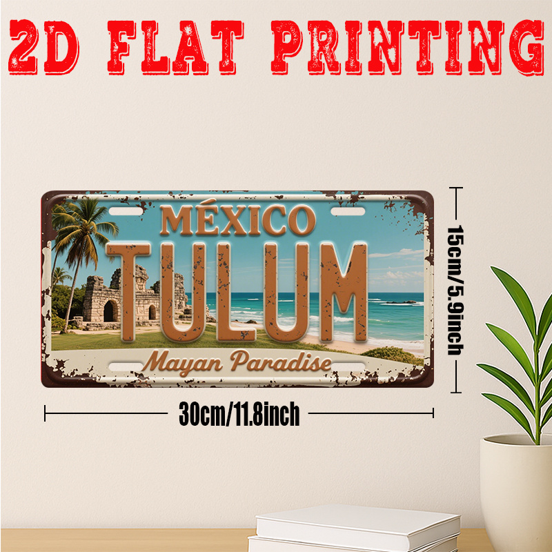 TEMU Plat 2D, Impression Plate 2D, 1 pièce, Panneau Vintage en Métal Étain, Uniquement pour la Décoration, (29,97 * 14,99 cm), Panneau de de Tulum,
