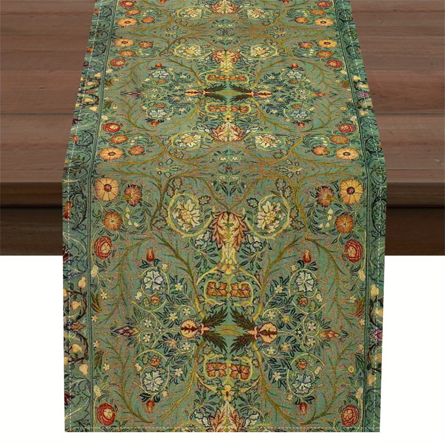 TEMU 1-pack Vintage Green Floral And Vine Pattern Four-season Table Runner, Suitable For Kitchen Dining Table Parties