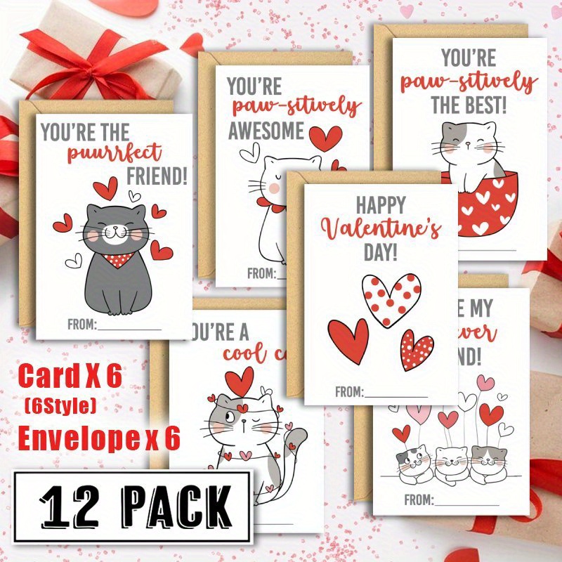 

12-pack Whimsycat Valentine's Day Greeting Cards With Envelopes, Assorted Love & Cat-themed Notecards, Paper Floor Mount, No Power Required, Bulk Set , Boyfriend, Girlfriend