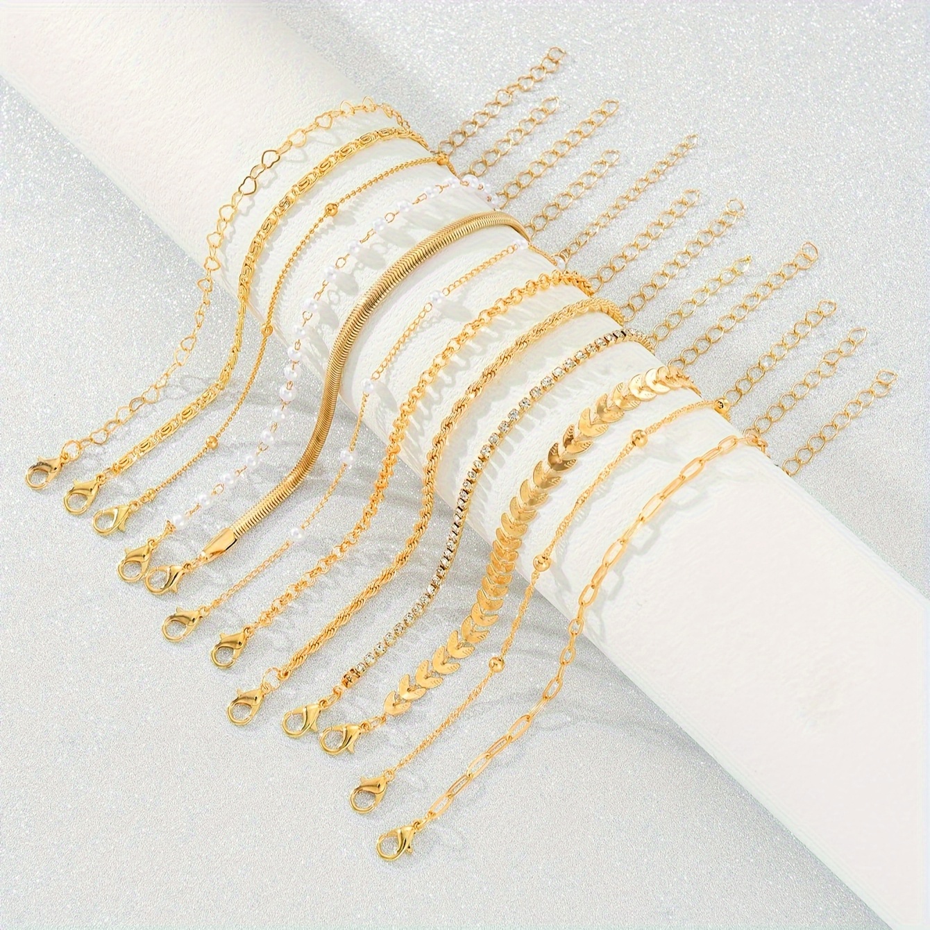 12pcs Golden Imitation Pearl Layered Chain Bracelet Set