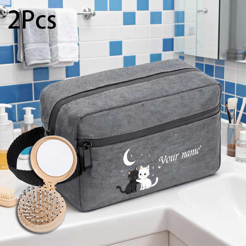 TEMU 2pcs Set Of Customizable Cute Black And White Cat Travel Toiletry Bag And Foldable Air Cushion Combâfeaturing Kitten, Moon, And Star Patterns,