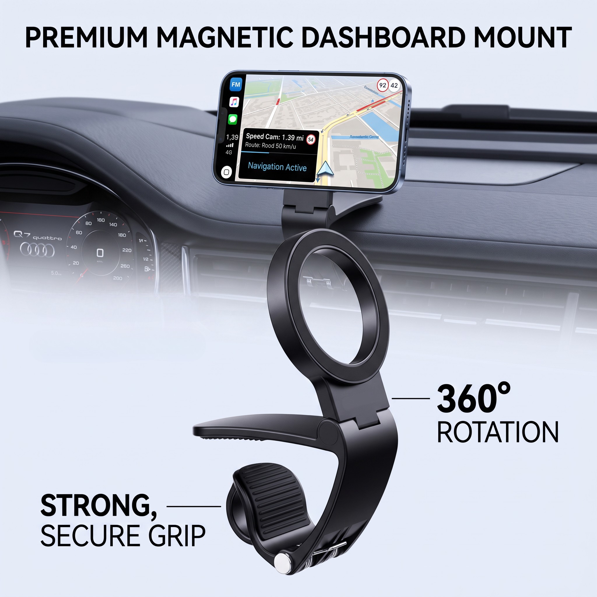 TEMU Magnetic Car Phone Holder Mount For Dashboard, 360Â° Rotation Clip-on Car Phone Mount With Strong Magnet, Hands Free Steering Wheel Visor Phone
