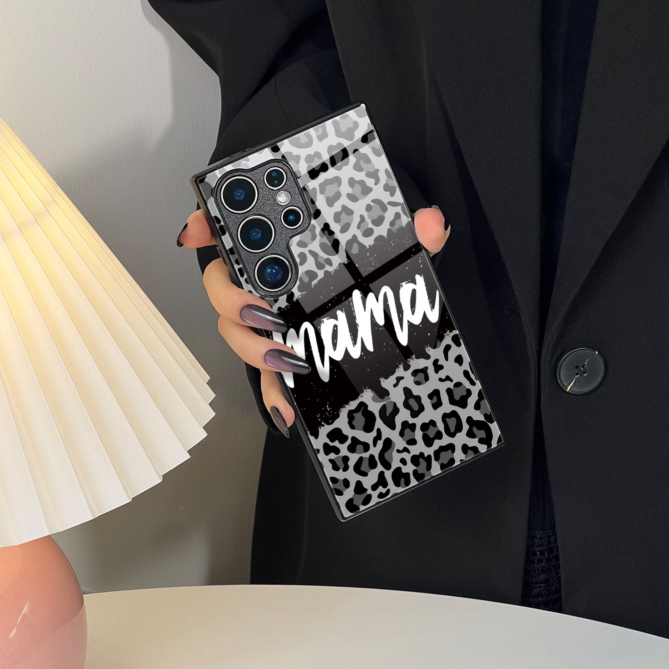 TEMU Phone Case - 1pc Leopard Print Black Handwritten Mama Pattern Tempered Glass Phone Case For Galaxy A05s/a13 5g/a15 5g/a25 5g/a36/a53 5g/a54