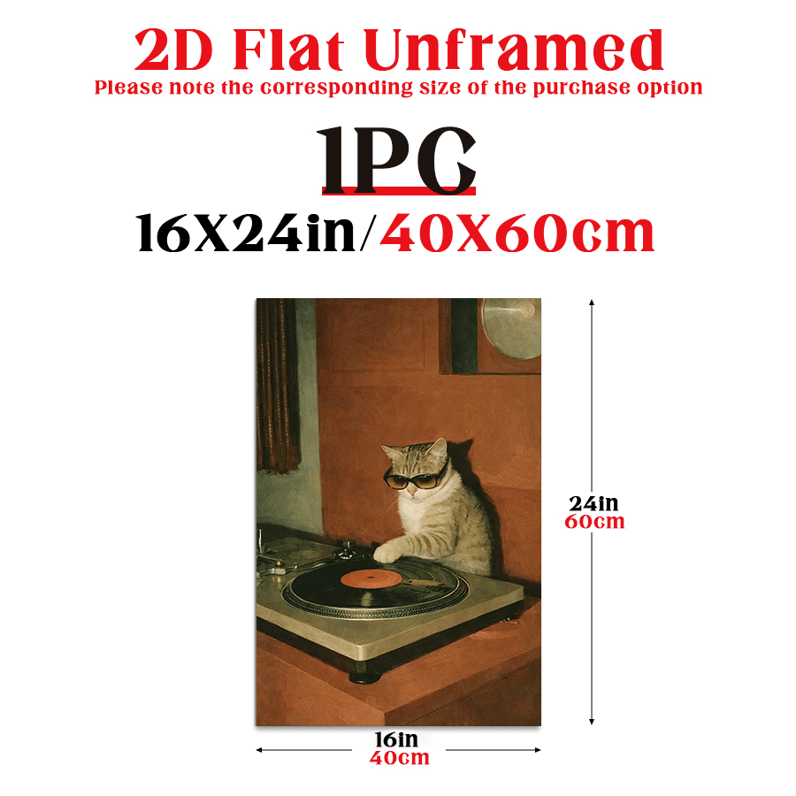 TEMU 2d Flat, 2d Flat Posters And Prints, Cool Dj Cat Wall Art Poster, Retro Modern Canvas Print, Music Vinyl Turntable Scene For Living Room Bedroom